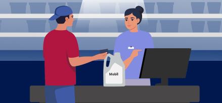 Disegno vettoriale di un cliente che acquista un olio Mobil