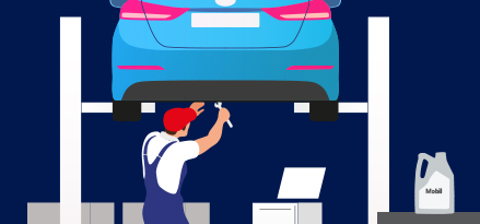 Disegno vettoriale di un meccanico che ripara un'auto su un ponte sollevatore