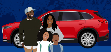 Disegno vettoriale di una famiglia di quattro persone in piedi davanti a un'auto