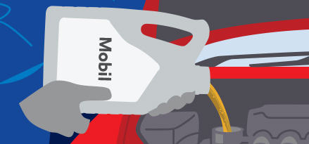 Disegno vettoriale di un'auto che fa rifornimento di olio Mobil