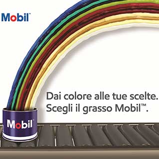 Mobil tin with a rainbow bursting out, and copy saying Ask for colour, Ask for Mobil grease